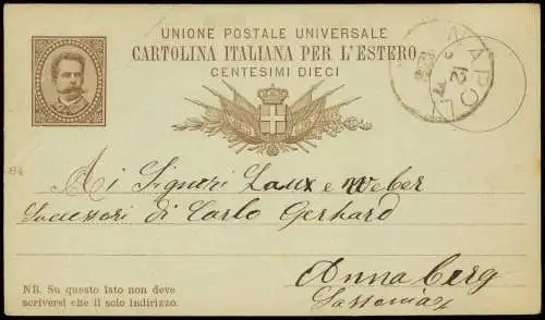 Ganzsache Italien 10 Centesimi 1889 Napoli an Laux & Weber, Annaberg, Sachsen