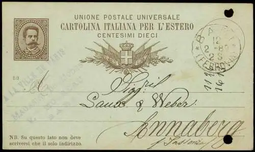 Ganzsache Ganzsache Italien 10 Centesimi 1889 Bari nach Laux & Weber, Annaberg