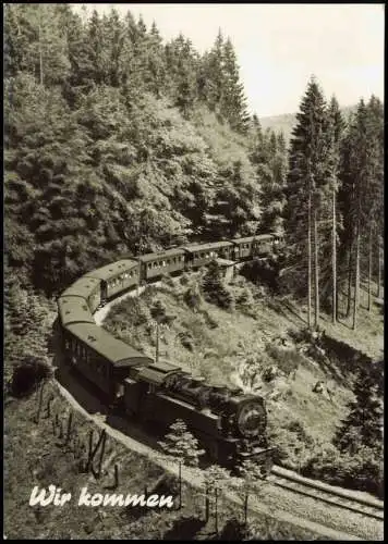 Ansichtskarte  "Wir kommen" DDR Motivkarte Dampflokomotive Zug Eisenbahn 1977