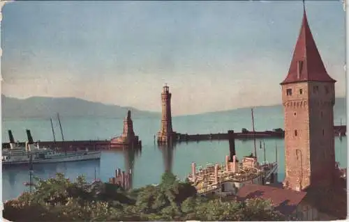 Lindau (Bodensee) Hafeneinfahrt und alter Leuchtturm Farben-Photo 1910