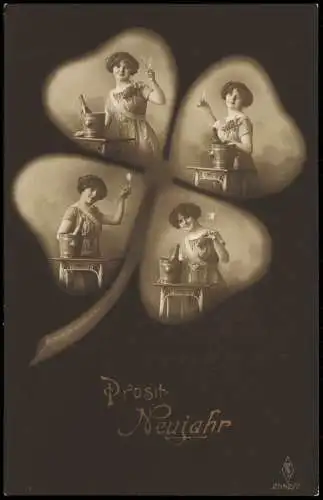 Ansichtskarte  Neujahr Sylvester New Year shamrock Frauen mit Sektglas 1920