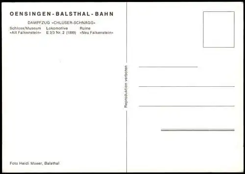 Verkehr Eisenbahn DAMPFZUG CHLUSER-SCHNÄGG COENSINGEN-BALSTHAL-BAHN 1990