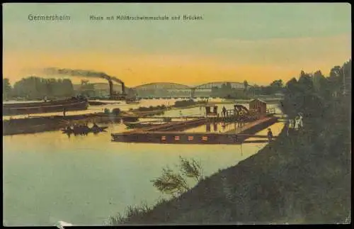 Ansichtskarte Germersheim Rhein mit Militärschwimmschule und Brücken. 1918