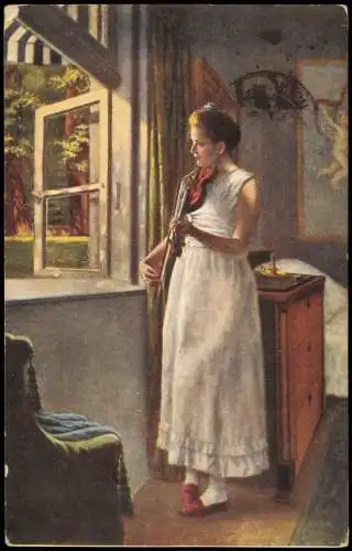 Künstlerkarte: Gemälde Frau mit Geige am Fenster R. de Witt 1915