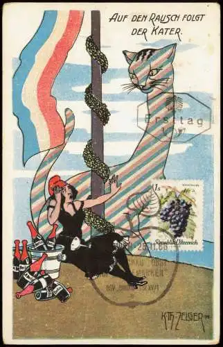 Scherzkarte RAUSCH FOLGT DER KATER. 1966 Österreich Ersttagsstempel Weintraube