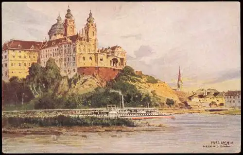 Ansichtskarte Melk Künstlerkarte Dampfer Donau Stadt - Künstlerkarte 1912