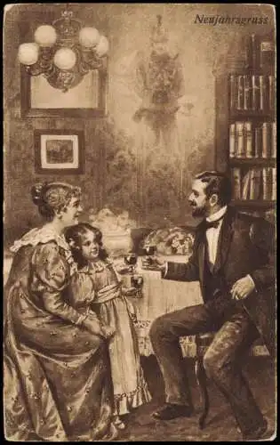 Ansichtskarte  Neujahr Sylvester New Year Künstlerkarte Familie am Tisch 1914