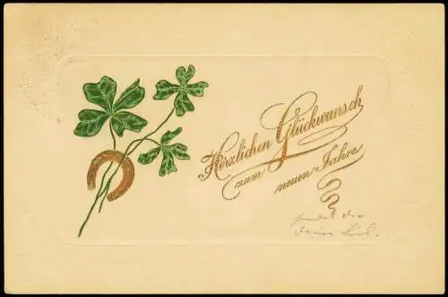 Neujahr Sylvester New Year Kleeblatt Shamrock Gold Hufeisen 1909 Gold