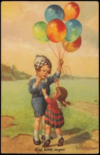 Kinder Künstlerkarte Erst bitte sagen Junge mit Luftballon 1914