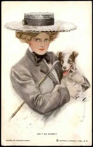 Künstlerkarte Elegante Frau Hund Woman with dog PAINTED BY HARRISON FISHER 1913