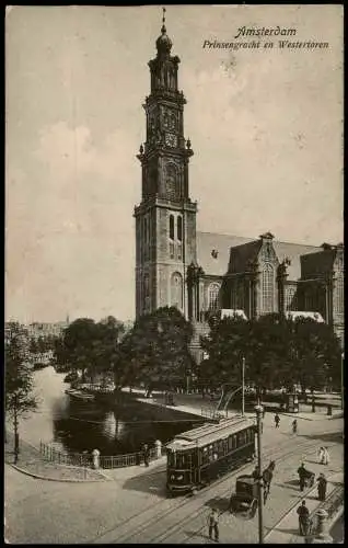 Amsterdam Stadtteilansicht Tram Straßenbahn Prinsengracht en Westertoren 1908