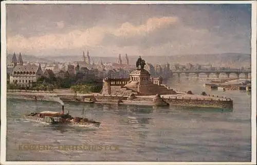 Koblenz Rhein Dampfer passiert Kaiser-Wihelm-Denkmal Dt. Eck 1920