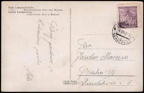 Postcard Luhatschowitz Luhačovice Erholungsheim Arco und Morava. 1942