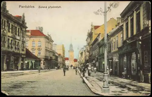 Postcard Pardubitz Pardubice Zelené předměstí. Straßenpartie 1925