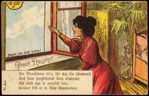 Neujahr Sylvester New Year Frau schaut aus Fenster - Halt gegen das Licht 1908