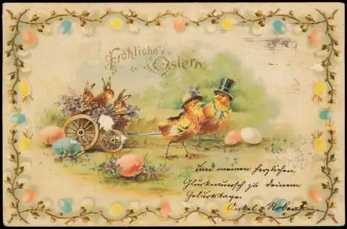 Ansichtskarte  Ostern Easter Küken ziehen Osterhasen im Wagen 1910