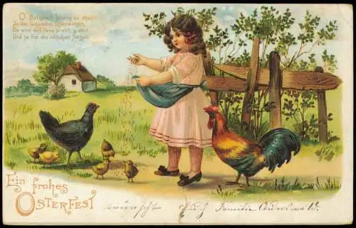 Ansichtskarte  Ostern Easter Mädchen füttert Hahn Henne und Küken 1905