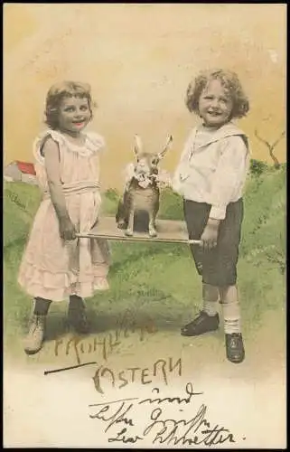 Ansichtskarte  Ostern Easter Junge und Mädchen tragen Hasen auf Sänfte 1903