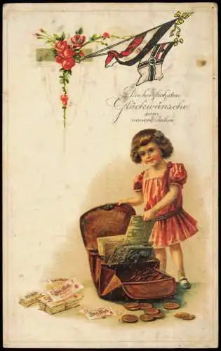 Ansichtskarte  Neujahr Sylvester New Year Patriotika Mädchen mit Geld 1916