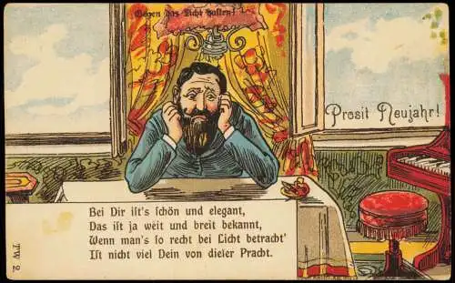 Ansichtskarte  Neujahr Sylvester New Year Halt gegen das Licht Karte Mann 1908