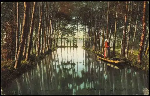 Lehde (Spreewald)-Lübbenau (Spreewald) Lubnjow Zschapigkkanal Frau auf Boot 1908