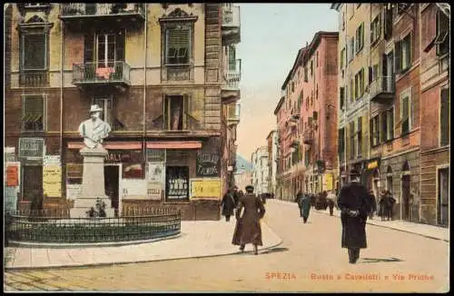 Cartolina La Spezia Busto a Cavallotti e Via Prione 1914