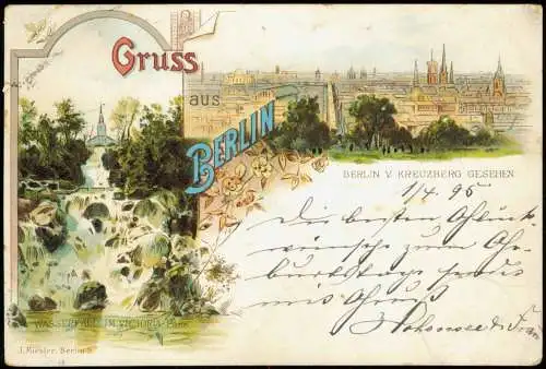 Litho AK Kreuzberg-Berlin 2 Bild Stadtteil Wasserfall Victoria-Park 1895