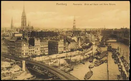 Ansichtskarte Hamburg Panorama. Blick auf Kajen und Hohe Brücke. 1914