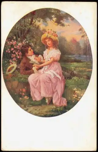 Liebe Liebespaare - Love Romantik Mann und Frau auf Blumenwiese 1914