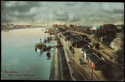 Ansichtskarte Mannheim Blick von der Rheinbrücke Hafen Fabrik BASF 1915