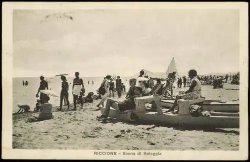 Cartolina Riccione Scena di Spiaggia 1930