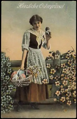 Ostern Easter Frau mit Korb voller Ostereier 1927 Silberprägung