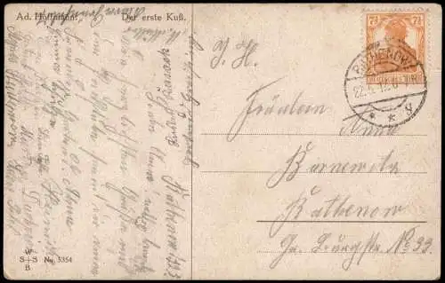 Ansichtskarte  Künstlerkarte Der erste Kuss. Junge und Mädchen 1917