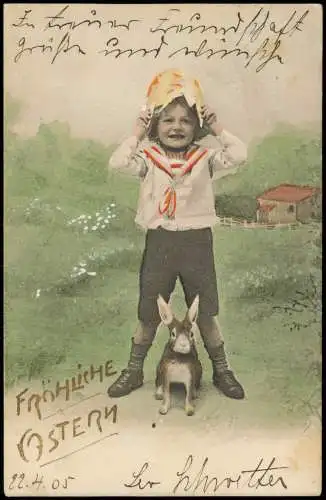 Ansichtskarte  Ostern Easter Junge mit Eierschale auf dem Kopf Osterhase 1905