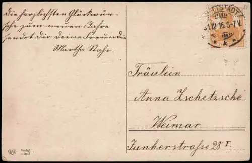 Neujahr Sylvester New Year Uhr aus Tannenzweigen Gold Kleeblatt 1916 Gold