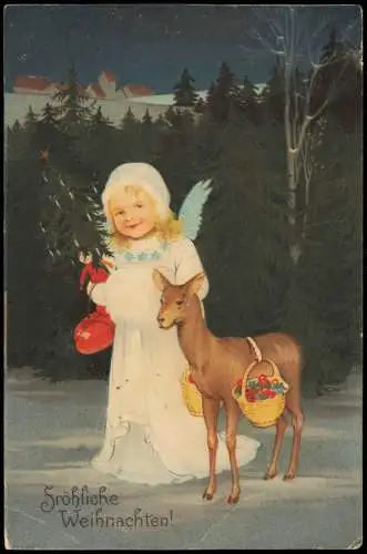 Ansichtskarte  Weihnachten Christmas X-Mas Engel und Reh Winternacht 1906