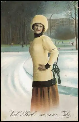 Ansichtskarte  Neujahr Sylvester New Year Frau mit Schlittschuhen 1912