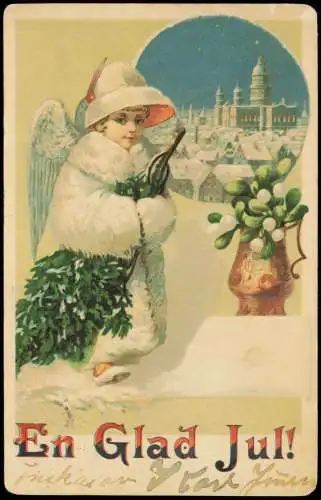 Weihnachten Christmas Engel Angel vor der Stadt En Glad Jul! 1914