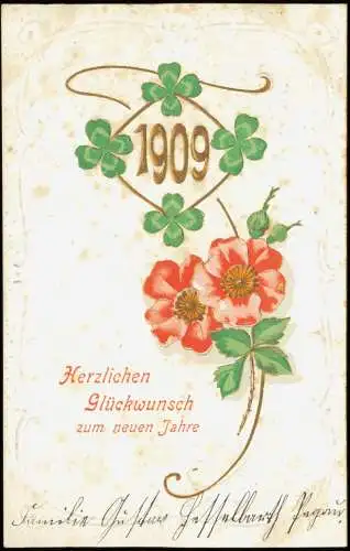 Neujahr Sylvester New Year Kleeblatt Shamerock Mohnblumen 1909 Goldprägung