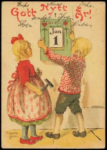 Ansichtskarte  Neujahr Sylvester New Year Sverige Junge u. Mädchen 1912