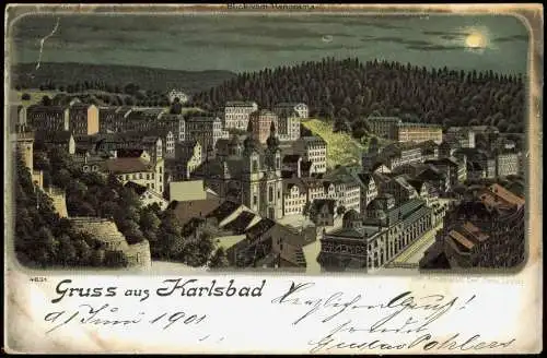 Postcard Litho AK Karlsbad Karlovy Vary Stadtpartie Mondschein 1901