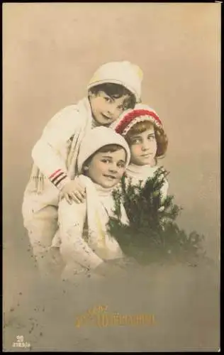 Weihnachten - Christmas Fotokunst Junge und Mädchen Winterkleidung 1914