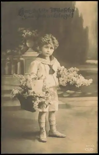 Geburtstag Birthday Junge mit Körben voller Flieder Fotokunst 1912