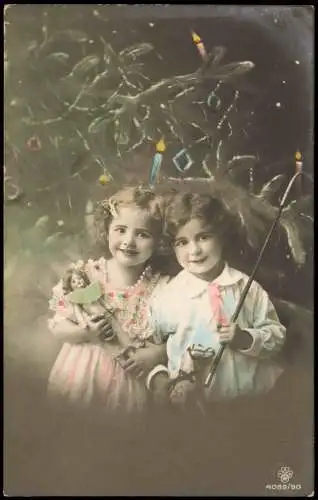 Weihnachten - Christmas Fotokunst Junge und Mädchen Puppe Pferdchen 1912