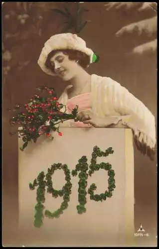 Neujahr Sylvester New Year Frau mit Mistelzweig Zahl aus Kleeblättern 1915