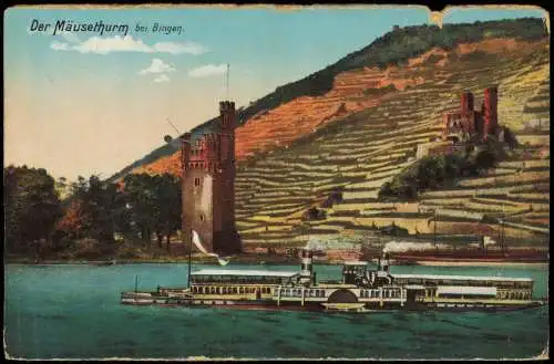 Bingen am Rhein Rhein Schiff Dampfer passiert Binger Mäuseturm 1910