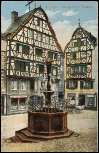 Bernkastel Kues Cues Marktplatz mit Brunnen, Geschäfte, Ochsen-Karre 1910