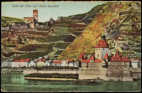 Ansichtskarte Kaub Caub mit Pfalz und Burg Ruine Gutenfels 1910