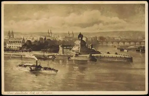 Ansichtskarte Koblenz Deutsches Eck mit Das Kaiser Wilhelm-Denkmal 1920