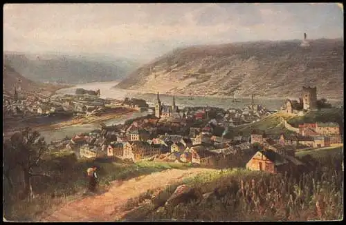 Bingen am Rhein Panorama-Künstlerkarte, Rhein-Nahe-Fluss-Mündung 1910